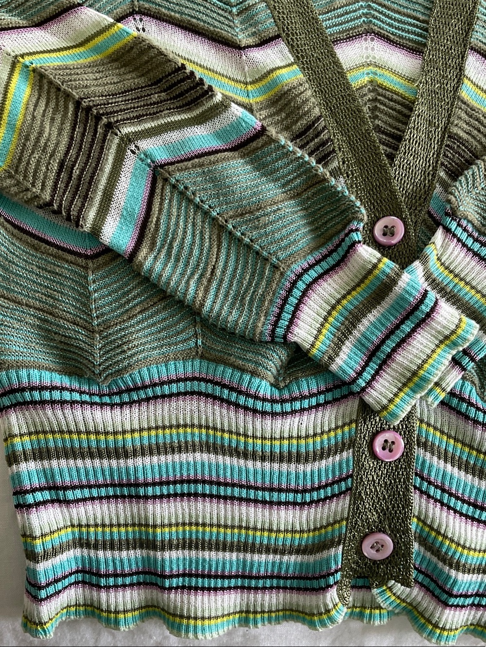 Missoni Green Chevron Knit Button-Front Cardigan with Multicolor Stripes - Picture 7 of 10